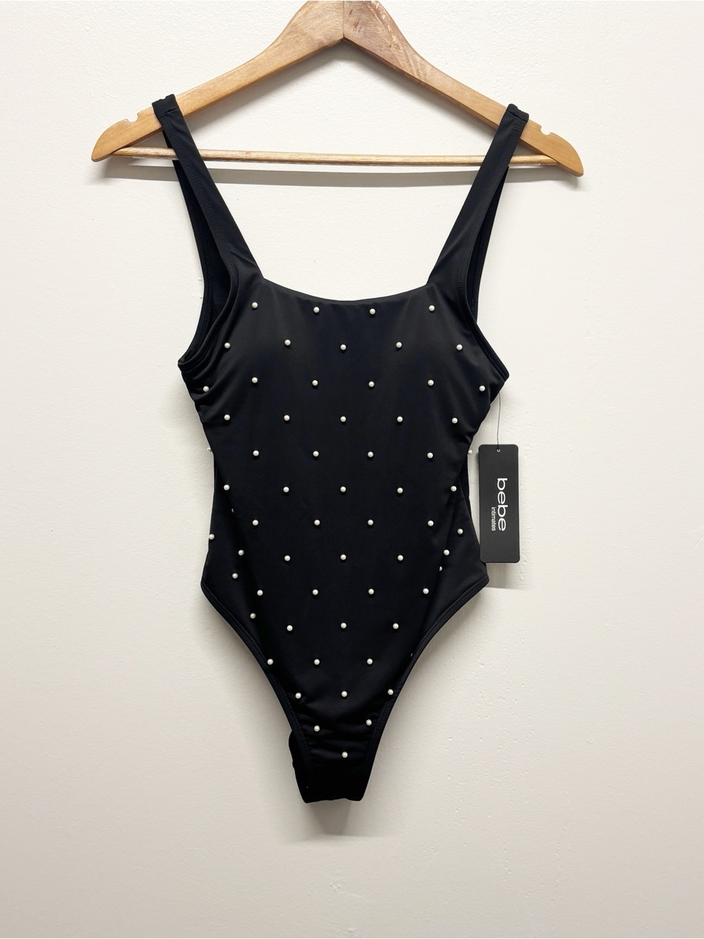 bebe Women's Black Pearl-Stud One-Piece Size Large